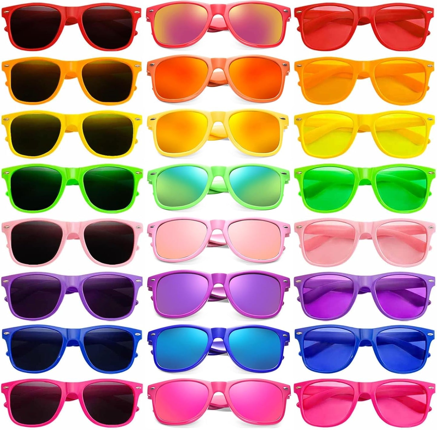 SUNOVELTIES 12/24 Pack Neon Party Sunglasses Mirrored/Jelly Lens Bulk Glasses Horn Rimmed Eyewear for Men Women