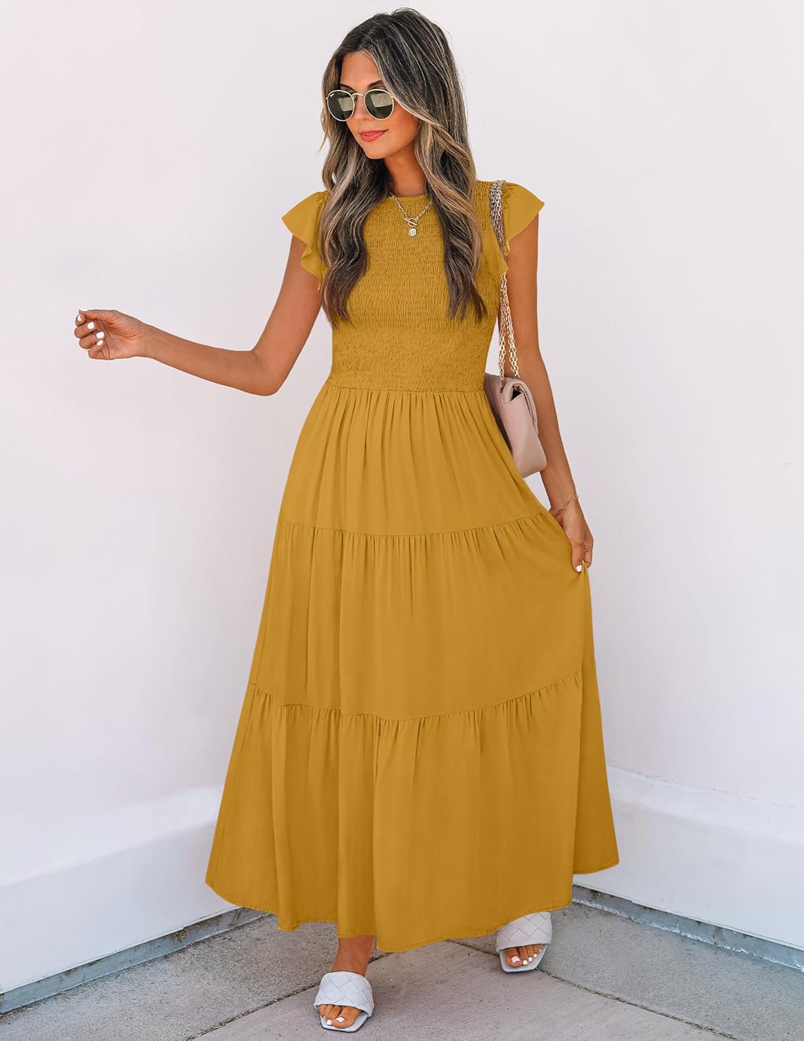 ZESICA Women's 2025 Summer Casual Flutter Short Sleeve Crew Neck Smocked Elastic Waist Tiered Midi Dress