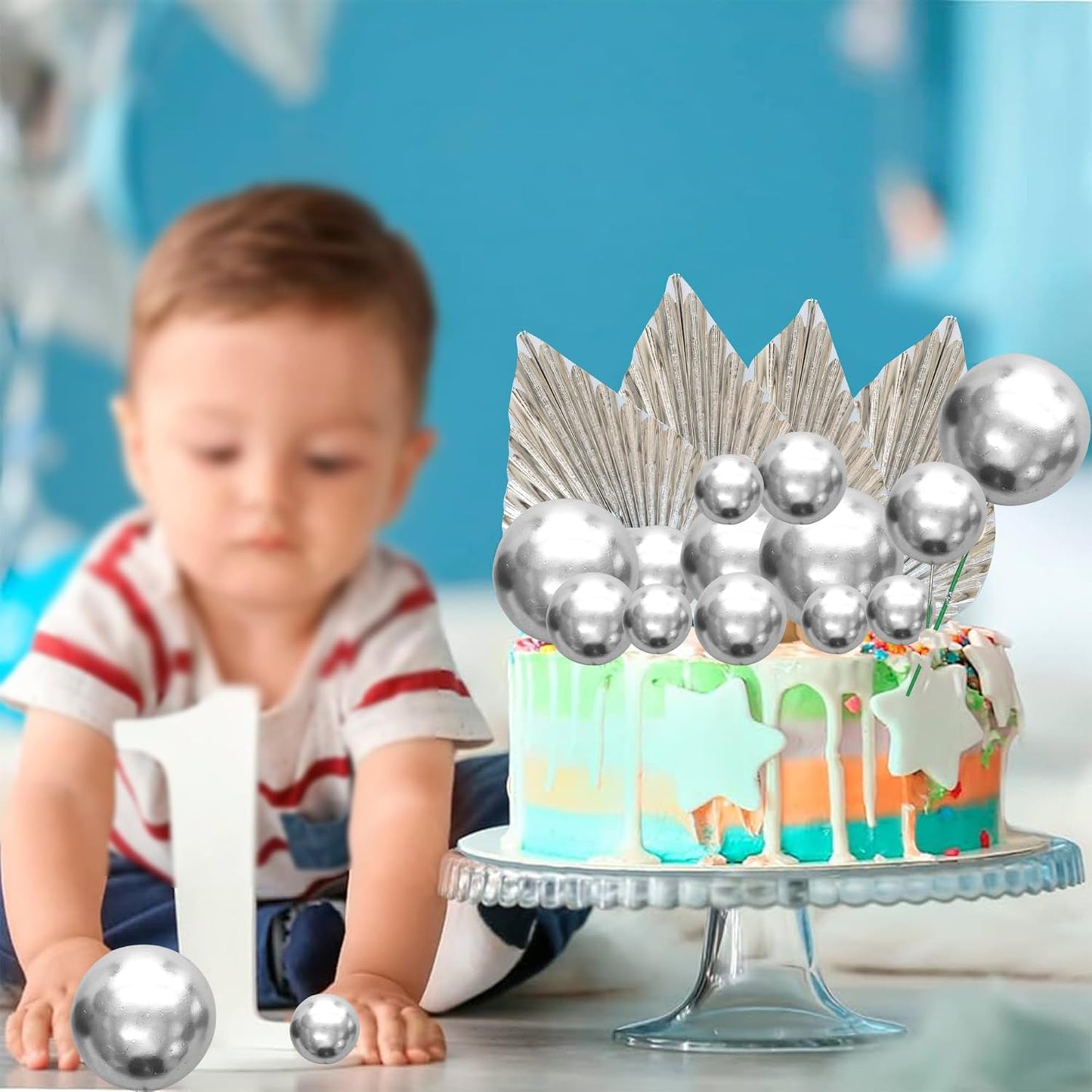 Ephlyn 28Pcs Paper Palm Fan Cake Topper Balls Cake Pick for Baby Shower Wedding Bridal Shower Birthday Party DIY Party Cake Decorations Supplies Silver