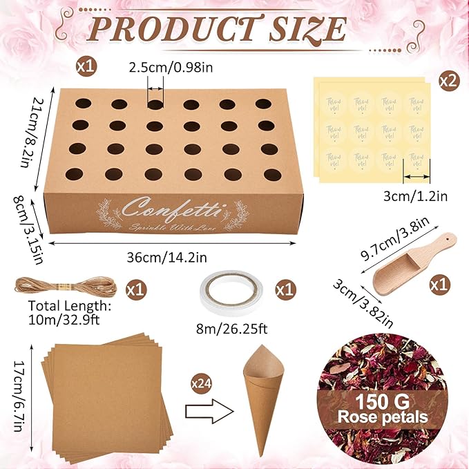 1 Sets Wedding Confetti Cones with 150g (5.29 Oz) Biodegradable Dried Flowers Rose Petal - 30 Kraft Paper Cones, Tray & Stickers for Wedding, Bridal Shower, Engagement Party, Baby Shower