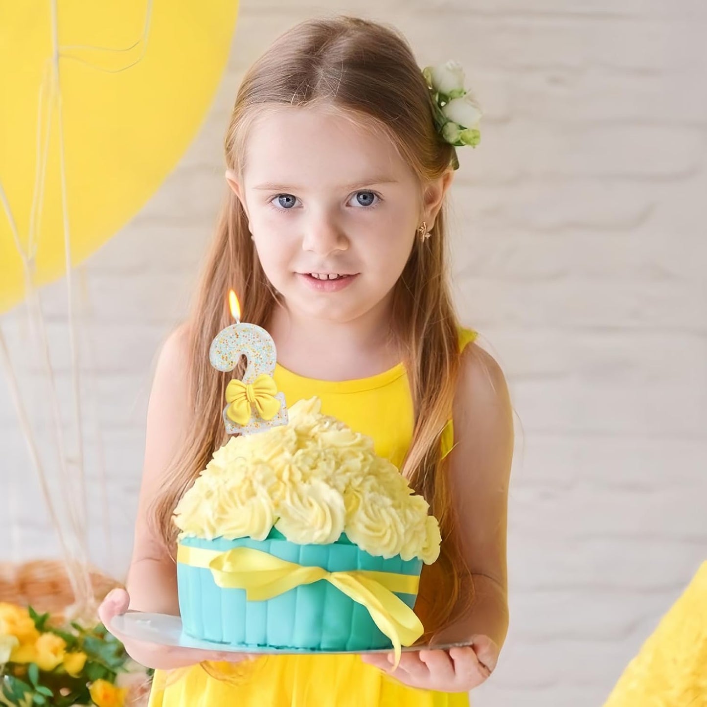 Birthday Candle for Cake, Yellow Bow Cake Candles, Cake Topper Decoration for Birthday Party (Number 2)