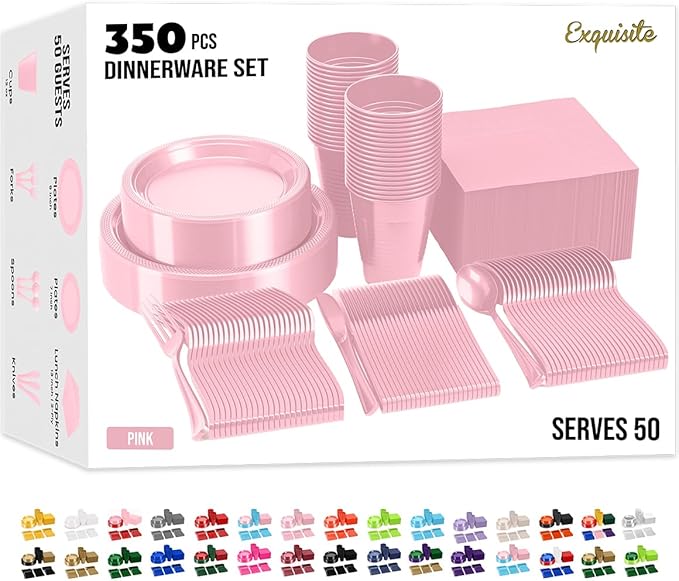 350 Pcs Pink Plastic Plates For Party, Pink Disposable Plates Set, 50 Of Each 9" Dinner Plate Set, 7" Dessert Plate, Cups, Napkins & Cutlery Plastic Dinnerware Exquisite