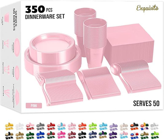 350 Pcs Pink Plastic Plates For Party, Pink Disposable Plates Set, 50 Of Each 9" Dinner Plate Set, 7" Dessert Plate, Cups, Napkins & Cutlery Plastic Dinnerware Exquisite