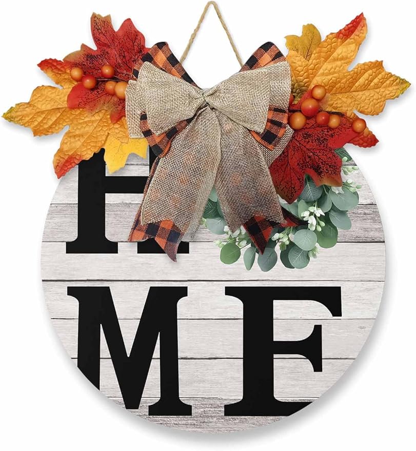 Eucalyptus Leaves Welcome Sign for Front Door, Home Garland Vintage Wood Grain Round Wooden Hanging Sign Housewarming Gift for Fall Home Outdoor Indoor, Front Porch Decor Wreath 12inch