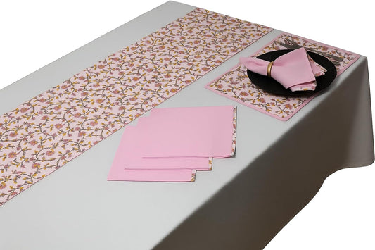 Touchstone Indtresor Indian Heritage Fabric Cotton Table Linen Reversible Set Runner Napkins Mats in Pink