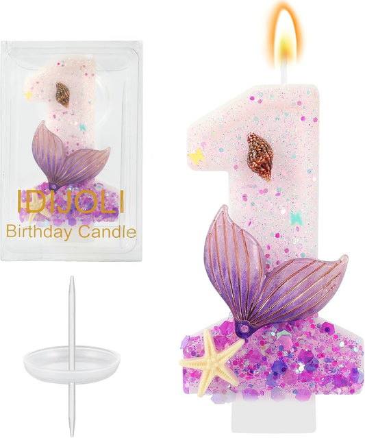 Purple Number 1 Candles Mermaid Birthday Candle 1st Birthday Cake Topper Cupcake Decorations for Girls and Women Party Decor Anniversary Celebrations Supplies Favors