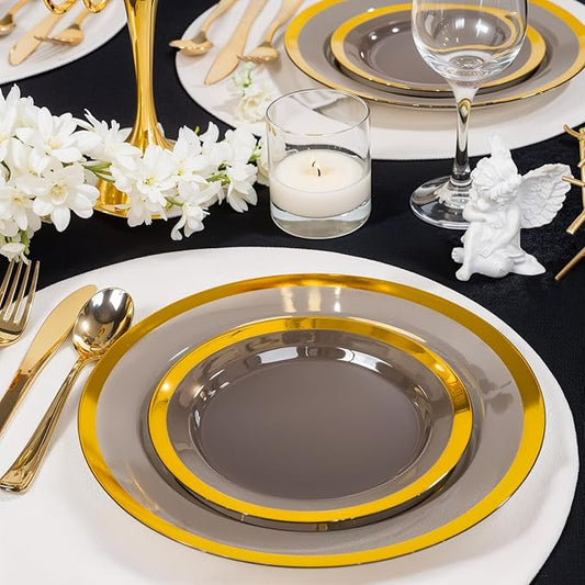 supernal 120pcs Clear Black and Gold Plastic Plates Black Plates Gold Plastic Dinnerware Include Dinner and Dessert Size for Elegant Parties, Valentine's Day Party and Wedding