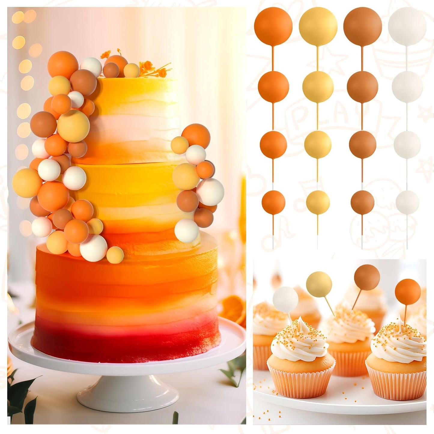 138 Pcs Balls Cake Topper Decorations Balloon Cupcake Toppers Foam Multisize Cake Topper Balls for Birthday Party Wedding Anniversary(Assorted Yellow,Khaki)