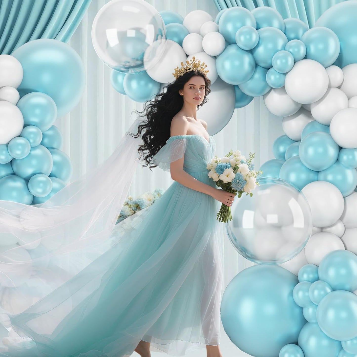 Pearl Teal Blue White Balloon Arch Kit, Double Stuffed Pearl Turquoise Balloons Garland Different Sizes 18/12/10/5 Inch Teal Balloon for Baby Shower Wedding Bridal Shower Birthday Decor
