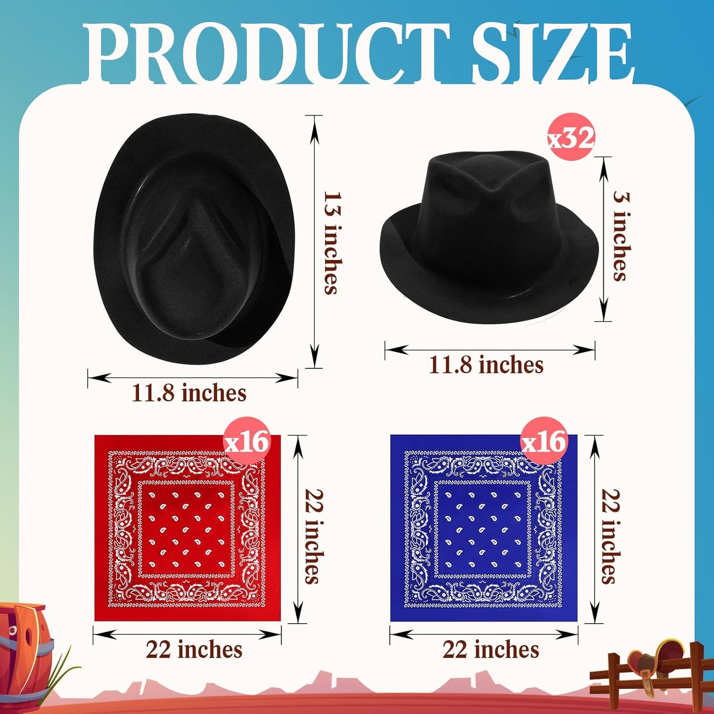 Hillban 72 Pcs Western Cowboy Hat and Paisley Bandana Set for Kids Felt Cowboy Party Hats for Costume Party Favors(Black)