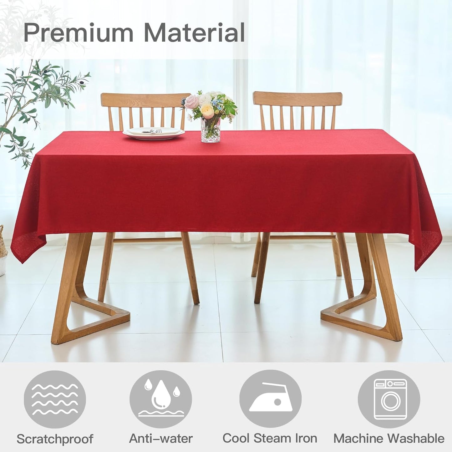 maxmill Christmas Tablecloth Linen Textured Water Resistance Antiwrinkle Spill Proof Fabric Washable Table Cloth, Decorative Table Cover for Banquet Party Holiday Dinner, Square 70 x 70 Inch, Red