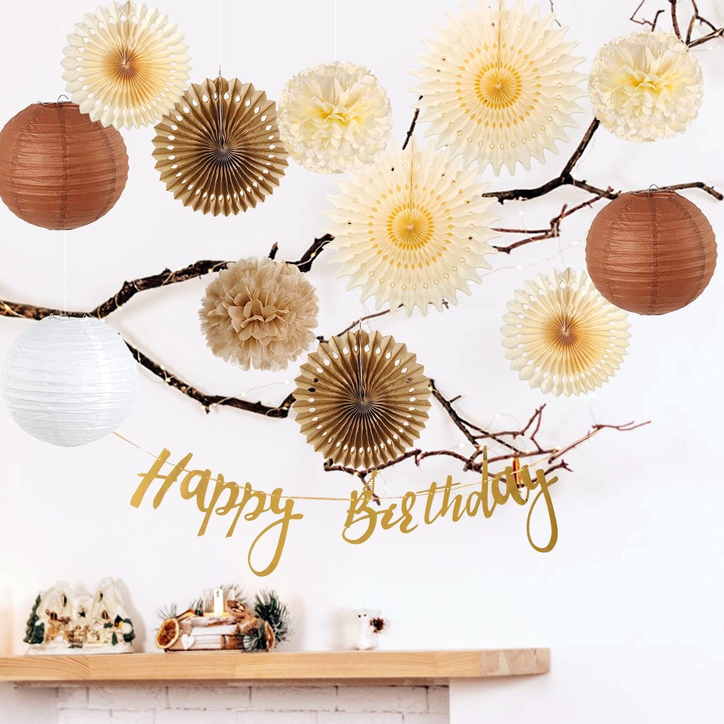 SUNBEAUTY Brown Birthday Party Decorations Rustic Paper Natural Birthday Decorations Hanging Lanterns Tissue Paper Pom Poms Boho Birthday Decorations For Women