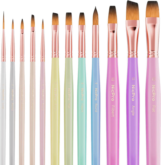 Nicpro 12pcs Artist Paint Brush Set, Aesthetic Pastel Paintbrushes Craft Paint Brushes for Acrylic Painting, Oil, Watercolor, Gouache, Tempera, Face, Body, Art Supplies for Artists and Beginners
