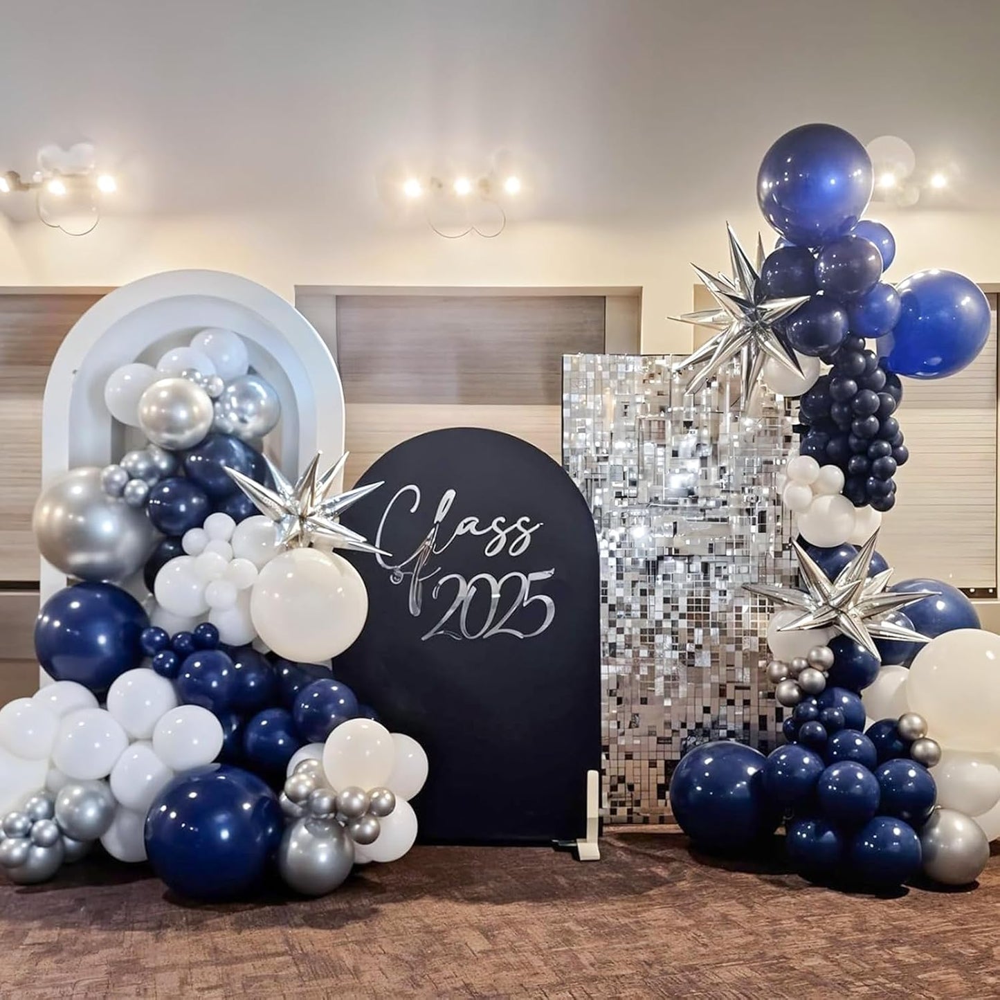 Blue Silver Balloon Garland Arch Kit, Navy Blue White Balloon Arch Kit, Metallic Silver Confetti Balloons Star Foil Balloons for Graduation Birthday Wedding Baby Shower Eid Ramadan Party Decorations