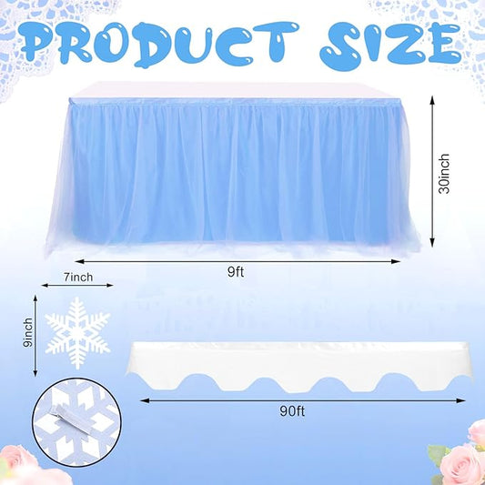 5 Pcs Winter Snowflake Wonderland Tablecloth Blue Tulle Table Skirt and White Tables Cover with Snowflake 30 x 108 Inch Winter Wonderland Table Cover for Winte Holiday Party Supplies Decorations