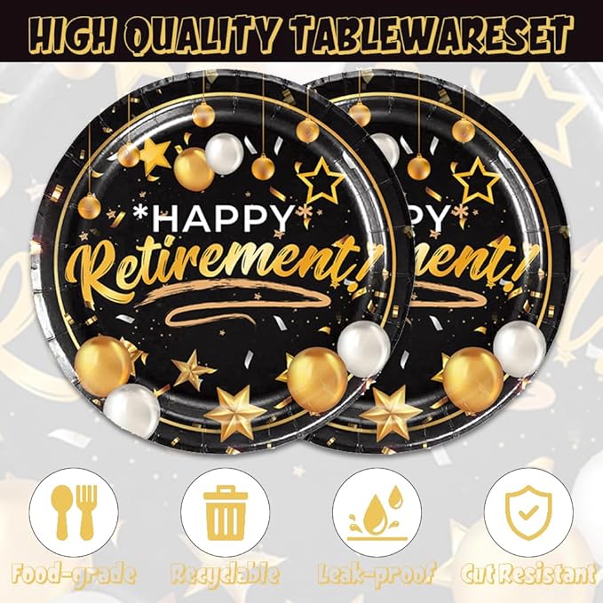40pcs Retirement Party Tableware Set Happy Retirement Supplies Black and Golden Retirement Party Dessert Plates Napkins for 20 Guests Retirement Party Favors