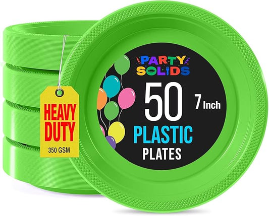 Exquisite Party Solids Lime Green Plastic Plates For Party Supplies 7" Lime Green Disposable Plates Heavy Duty 50 Pcs Plastic Dinnerware Sets Heavy Duty 350 GSM Disposable Dinnerware Set