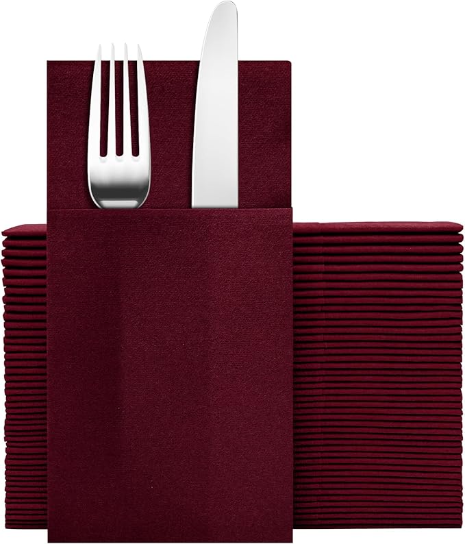 Dark Burgundy Napkins Hand Towels Disposable, Linen-Feel Dinner Napkins with Prefolded Built-in Flatware Pocket, Guest Paper Hand Towels For Wedding, Dinner Or Party (16x16in, 50Pack）