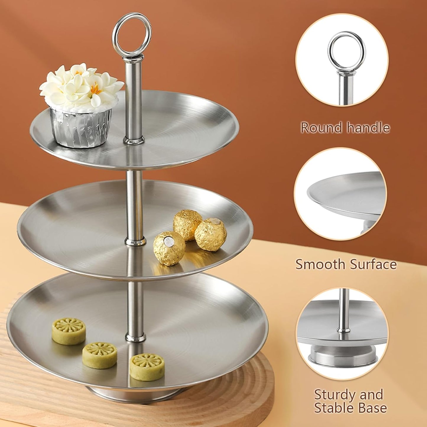 3 Tier Silver Metal Cupcake Stand Holder,Stainless Steel Cup Cake Stand Tower with Tiered Serving Tray and Base for Parties,Weddings,Birthdays and Any Festivals and Celebrations(with Base)