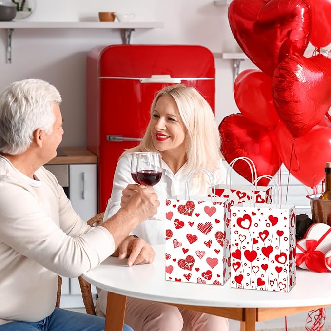 Glenmal 24 Pcs Valentines Bags Bulk with Handles 8.3 x 5.9 x 3.1 Inch Red Heart Love Gift Treat Goodie Candy Paper Bags for Classroom Valentine's Day Gift Wrapping Anniversary Dating Wedding