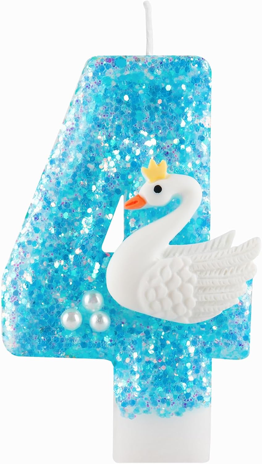 Girls Glitter 4 Birthday Number Candles, Blue Lake White Pearls Swan Number Birthday Candles for Girls Women Birthday Cakes Swan Themed Birthday Decorations Party Favors Number 4 Candle Cake Topper