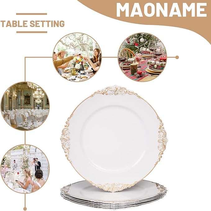 MAONAME White Charger Plates with Gold Rim, Round Antique Plate Chargers for Dinner Plates, 13" Plastic Charger for Wedding Table Setting, Set of 6