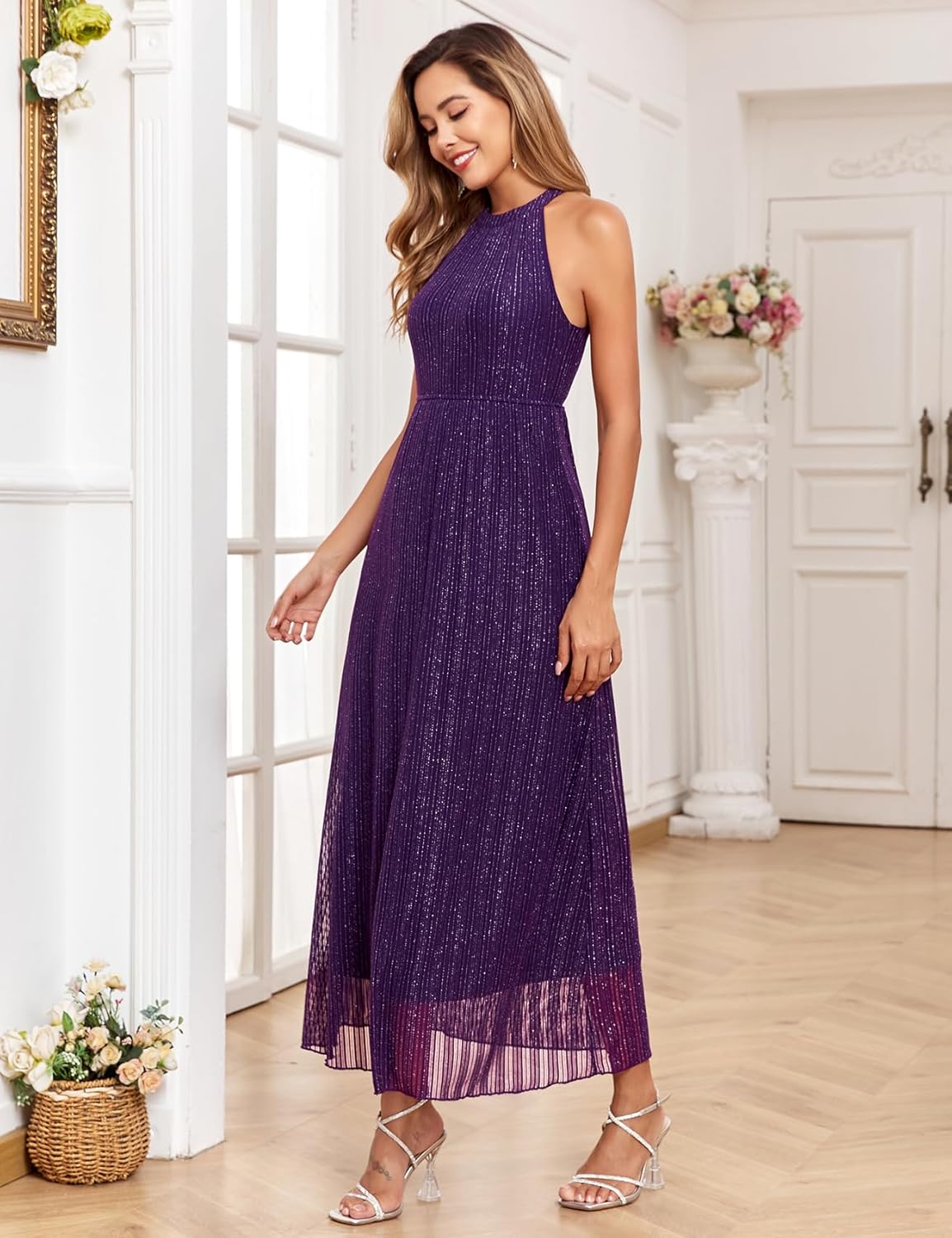 Maternity Sparkly Mesh Dress Halter Neck Sleeveless A Line Pregnancy Dresses Semi Formal Baby Shower Photoshoot
