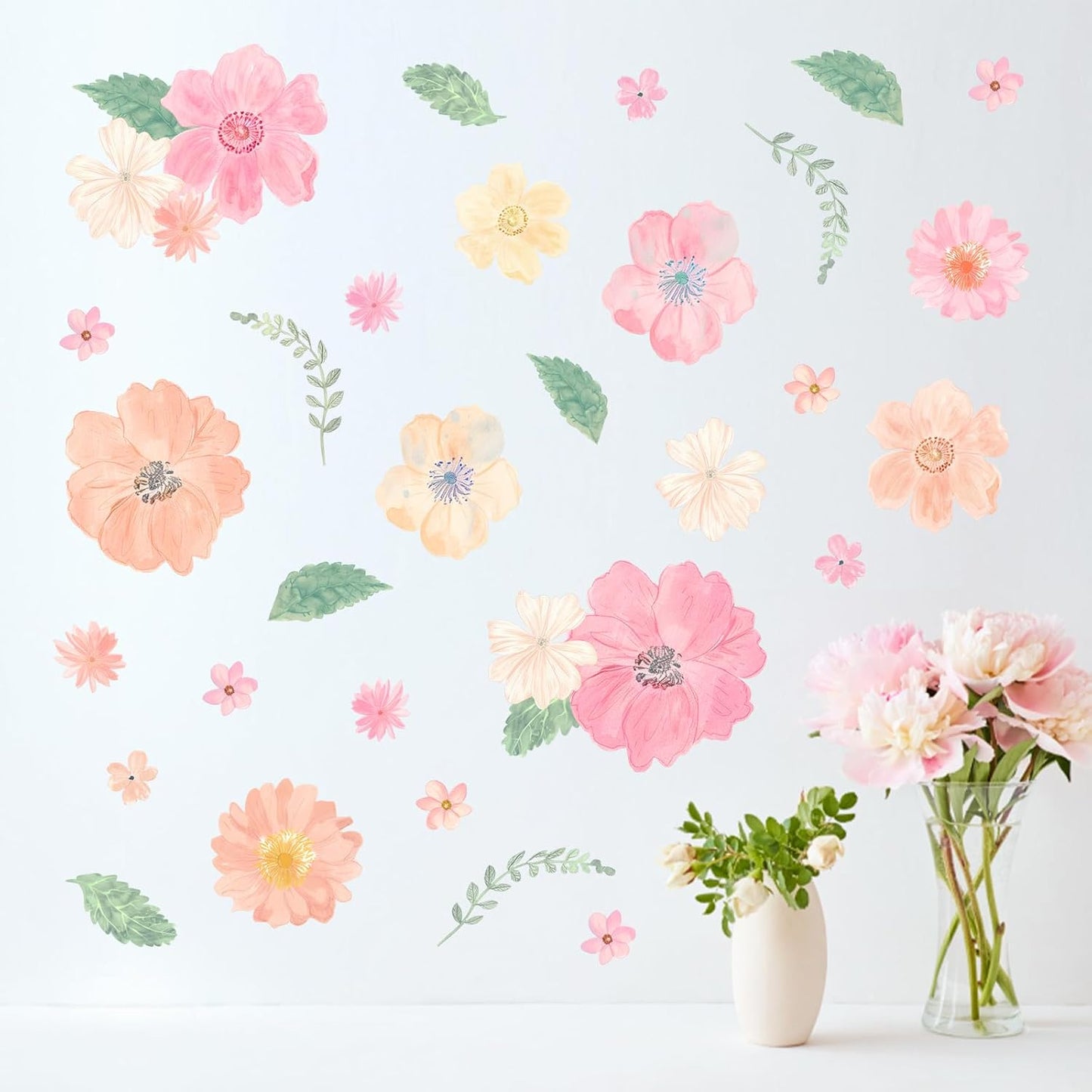 Mfault Watercolor Flower Wall Decals Stickers, Pink Poppy Floral Leaves Decorations Bedroom Art, Botanical Seasonal Home Living Room Kitchen Decor