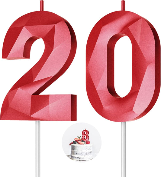 Number Birthday Candles(20 Candle Red) 3D Diamond Shape Number Happy Birthday Cake Candles for Birthday Party Wedding Decoration Reunions Theme Party