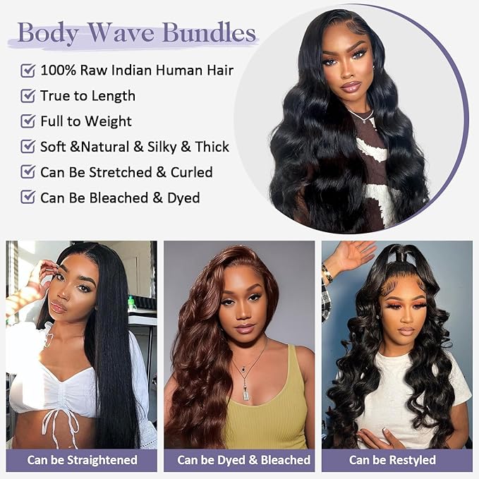 12A Raw Bundles Human Hair Body Wave Human Hair Bundles,24 26 28 30 Inch Indian Virgin Bundles Human Hair Quick Weave, Triple Lifespan No Tangle Shedding Keep Texture Silky Soft After Multiple Washes