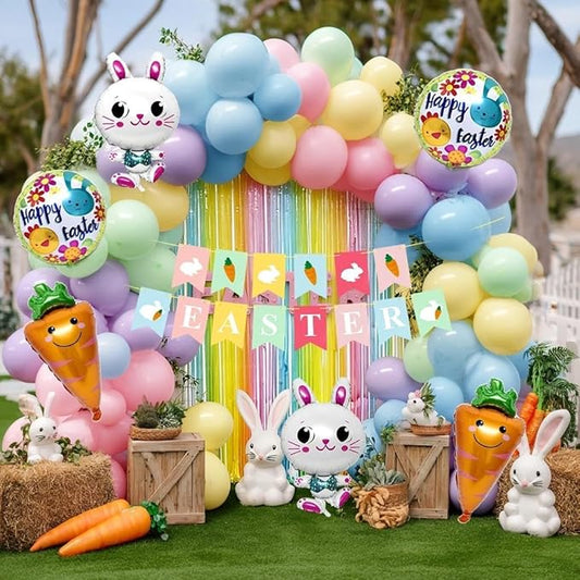 Easter Balloons Arch Kit Double Stuffed Pastel Balloons with Bunny, Carrot & Egg Foil Balloon Easter Banner and Colorful Fringe Curtain for Easter Birthday Baby Shower Spring Party Decoration