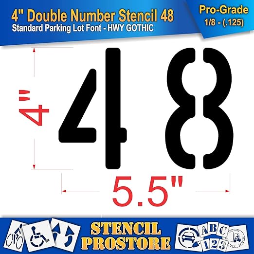 Pavement, Curb, and WheelStop Stencils - 4 inch Double Number Stencil - (48) - 4" x 5.5" x 1/8" (128 mil) - Pro-Grade