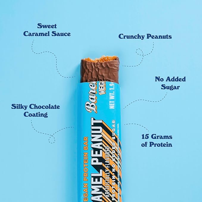 Barebells Plant Based Protein Bars, Peanut Caramel - 12 count, 15g of Plant-Based High Protein Treats - Chocolate Nutrition Bar with 1g Total Sugar - On The Go Breakfast or Post-Workout Snack