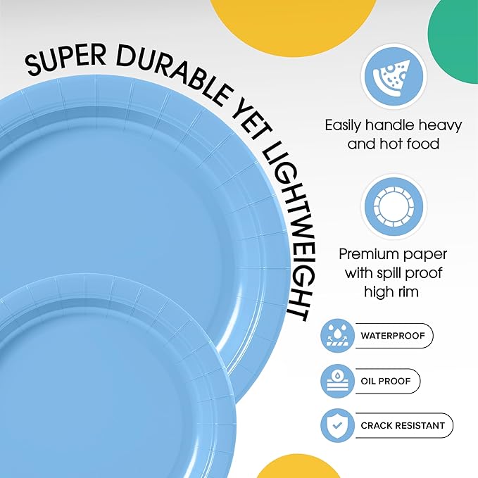Exquisite Light Blue Paper Plates Disposable Heavy Duty 100 Pcs - 50-7" & 50-9" Light Blue Disposable Plates For Party Heavy Duty Paper Plate 350 GSM Birthday Party Supplies Plate Set
