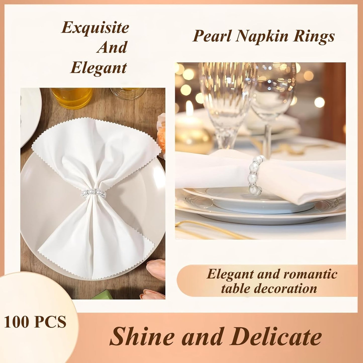 DaMohony 100pcs Pearl Napkin Rings, Silver Elastic Stretched Serviette Rings Buckle, Imitation Serviette Beaded Napkin Rings for Wedding Party Dining Table Decor