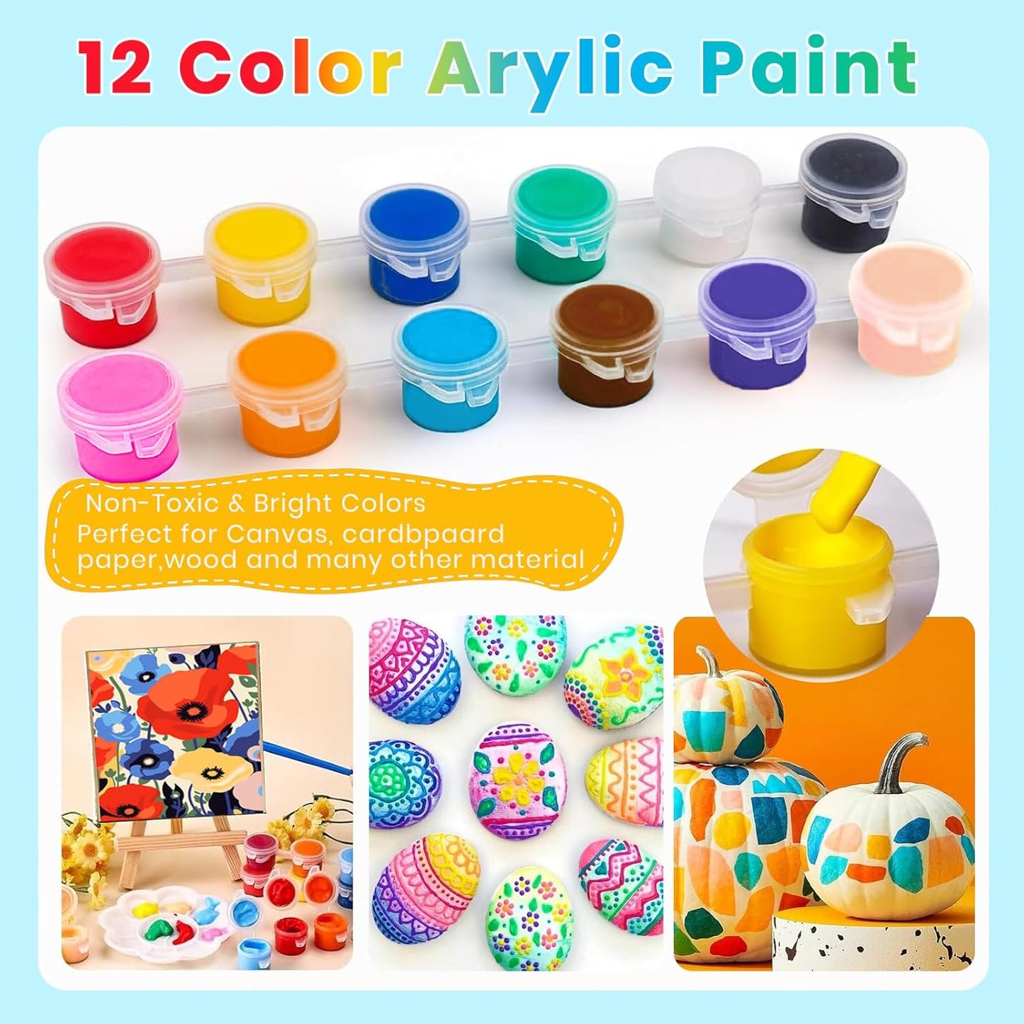 24 Pack Mini Acrylic Paint Set, 12 Colors Washable Acrylic Paint Strips with 48Pcs Painting Brushes for Kids&Adults Paint, 336 PCS Kids Painting Kit for Birthday Party Favor, Classroom, Art Gift
