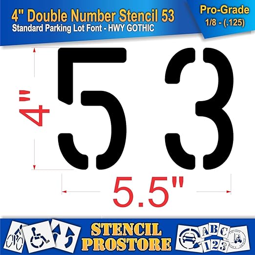 Pavement, Curb, and WheelStop Stencils - 4 inch Double Number Stencil - (53) - 4" x 5.5" x 1/8" (128 mil) - Pro-Grade