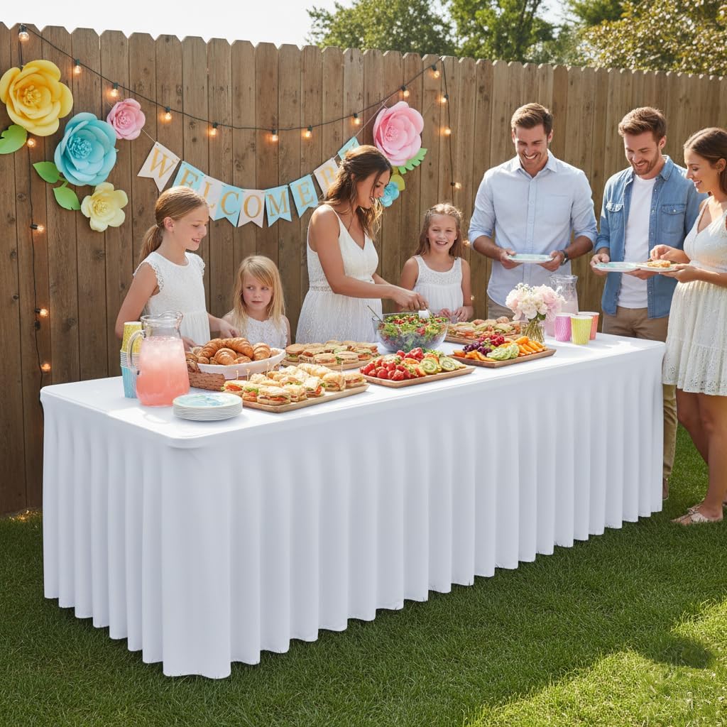 HolidayIdeas White 4ft Spandex Tablecloth 4 Pack Fitted Stretch Rectangluar Table Skirts 24x48 Inch, Wrinkle-Free Floor Length Polyester Table Cover for Weddings Parties Banquets Events