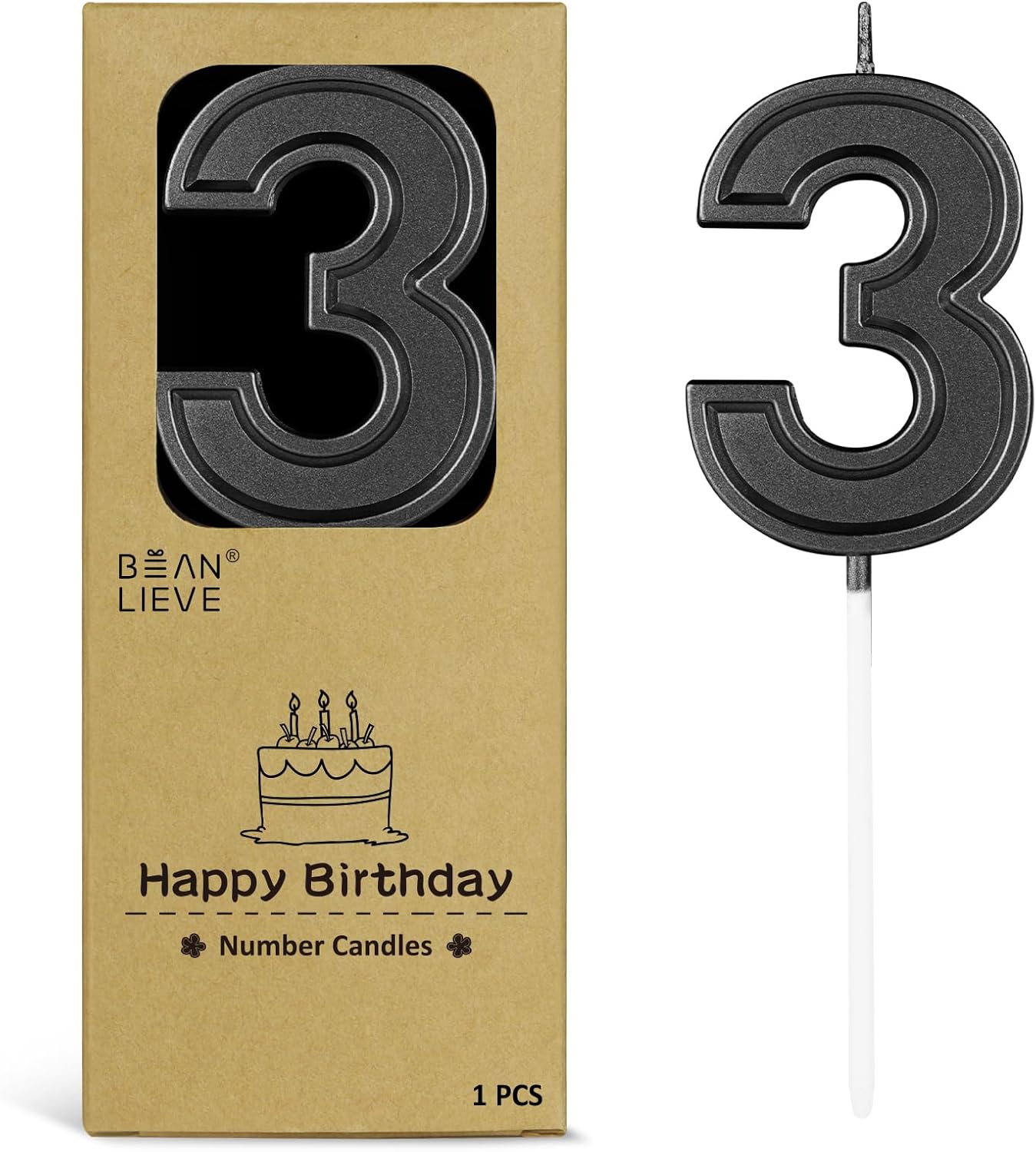 BEAN LIEVE Black Birthday Candles Number 3, Black Number Candles, Cake Number Candles for Birthday Parties and Wedding Anniversary Celebrations