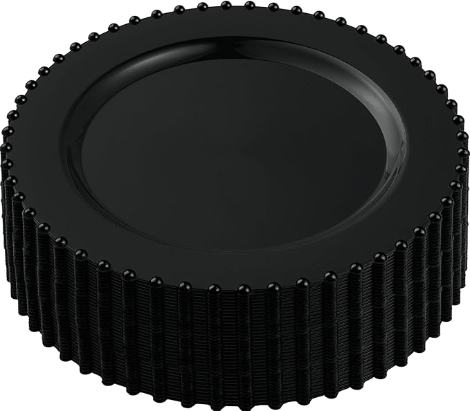 PLASTICPRO 128 Piece Combo Plastic Dinner Plates Disposable Plastic Fancy Heavy Duty Party Dishes 7 inch and 10 inch, Black Beaded
