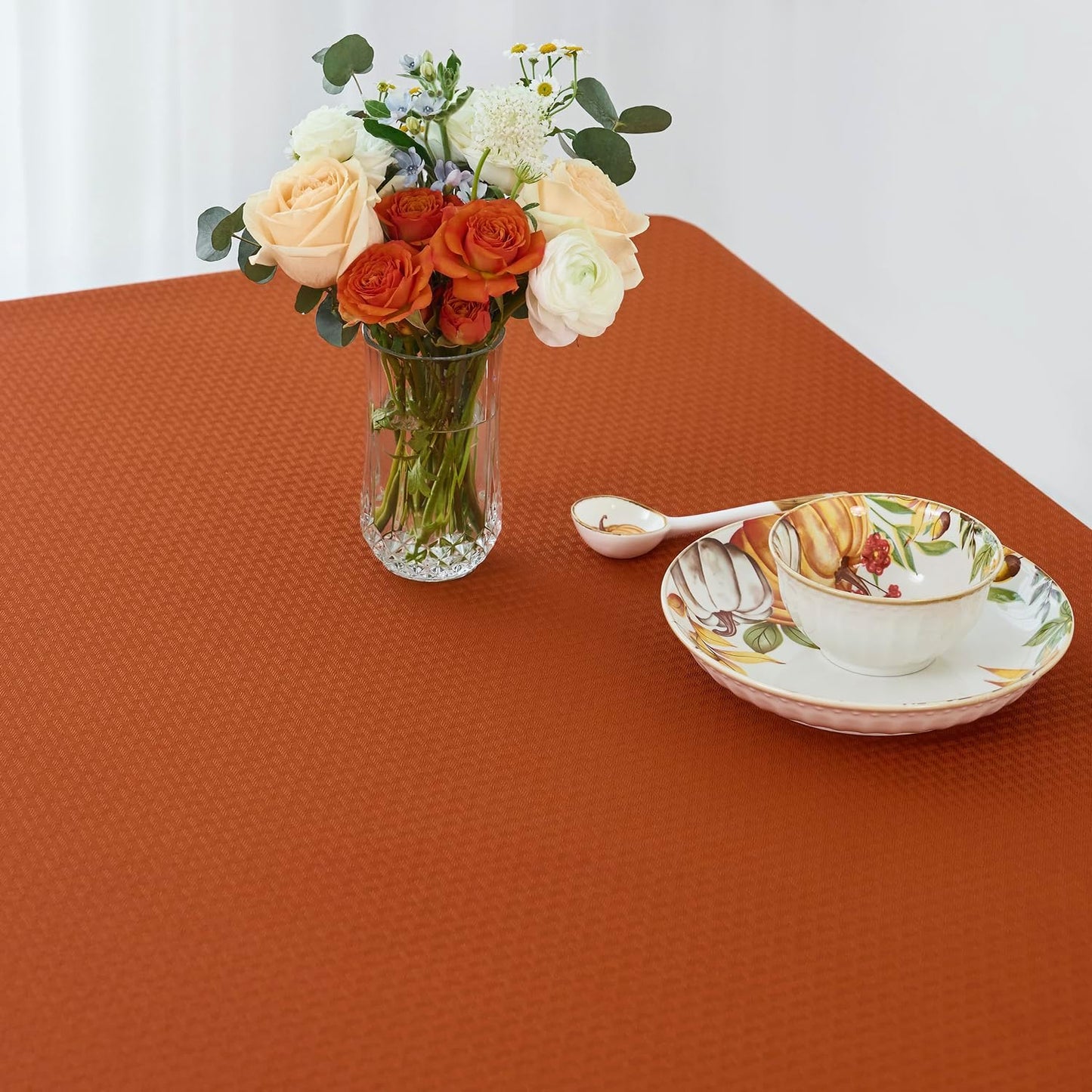 maxmill Square Tablecloth Weaved Pattern Waterproof Spillproof Wrinkle Resistant Soft Fall Table Cloth for Harvest Thanksgiving Dinner, Halloween Party Washable Polyester Fabric, 60 x 60 Inch, Rust