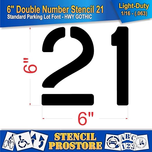 Pavement, Curb, and WheelStop Stencils - 6 inch Double Number Stencil - (21) - 6" x 6" x 1/16" (63 mil) - Light-Duty