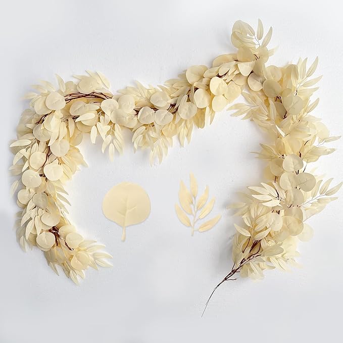 Greentime 2 Pack Artificial Eucalyptus Garland 6.5FT Champ Boho Spring Garland for Wedding DIY Table Runner with Warm Taupe Flowers Fireplace Fences Decor
