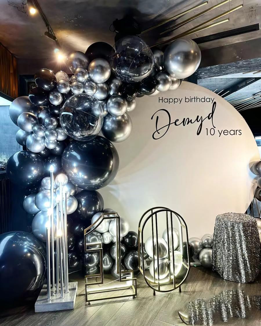 Black Silver Balloons Garland Arch Kit, 146Pcs Latex Balloons Different Sizes 18 12 10 5 Inch for Party Decorations, Wedding Backdrop, Birthday, Graduation