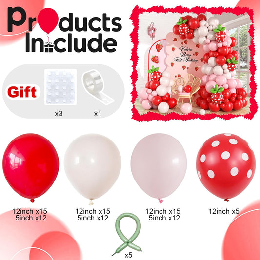 Strawberry Balloon Arch Garland Kit, Red and Hot Pink Balloons with Strawberry Printed and Green Long Latex Balloons for Girls Sweet One Berry First Birthday Baby Shower Princess Decoration Supplies