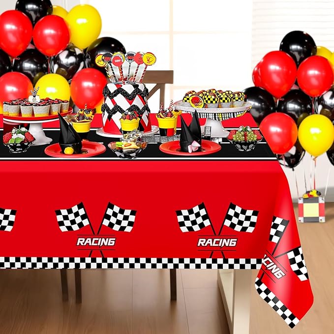 Childom 3Pcs Racing Car Plastic Tablecloth, Race Birthday Party Decorations, 54'' x 108'' Checkered Table Cloth Decor, Favors Rectangular Tablecloth for Boys Baby Shower Home