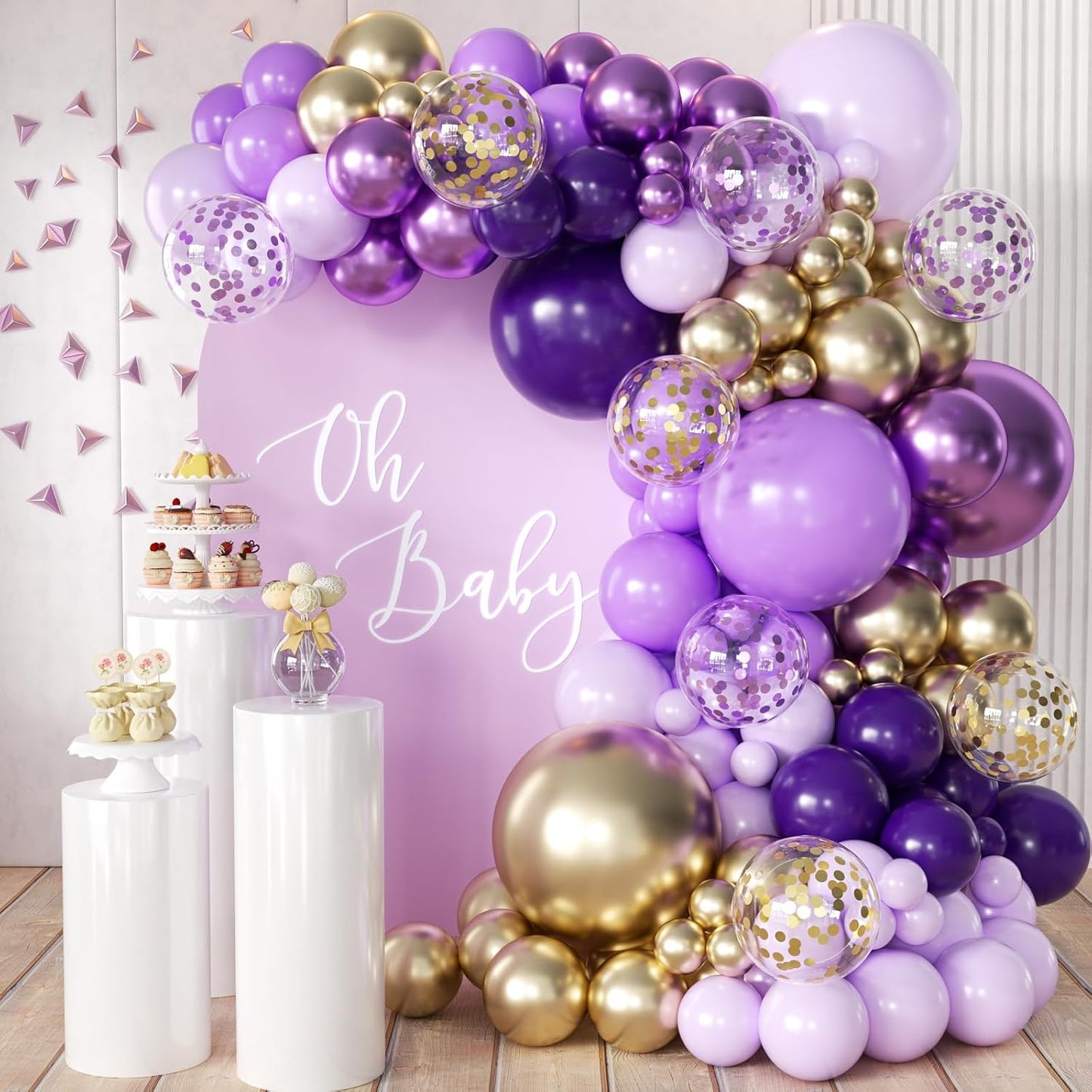Purple and Gold Balloons Arch Kit, 155Pcs Lavender Dark Purple Pastel Purple Lilac and Gold Balloon Garland for Baby Girl Princess Party Birthday Graduation