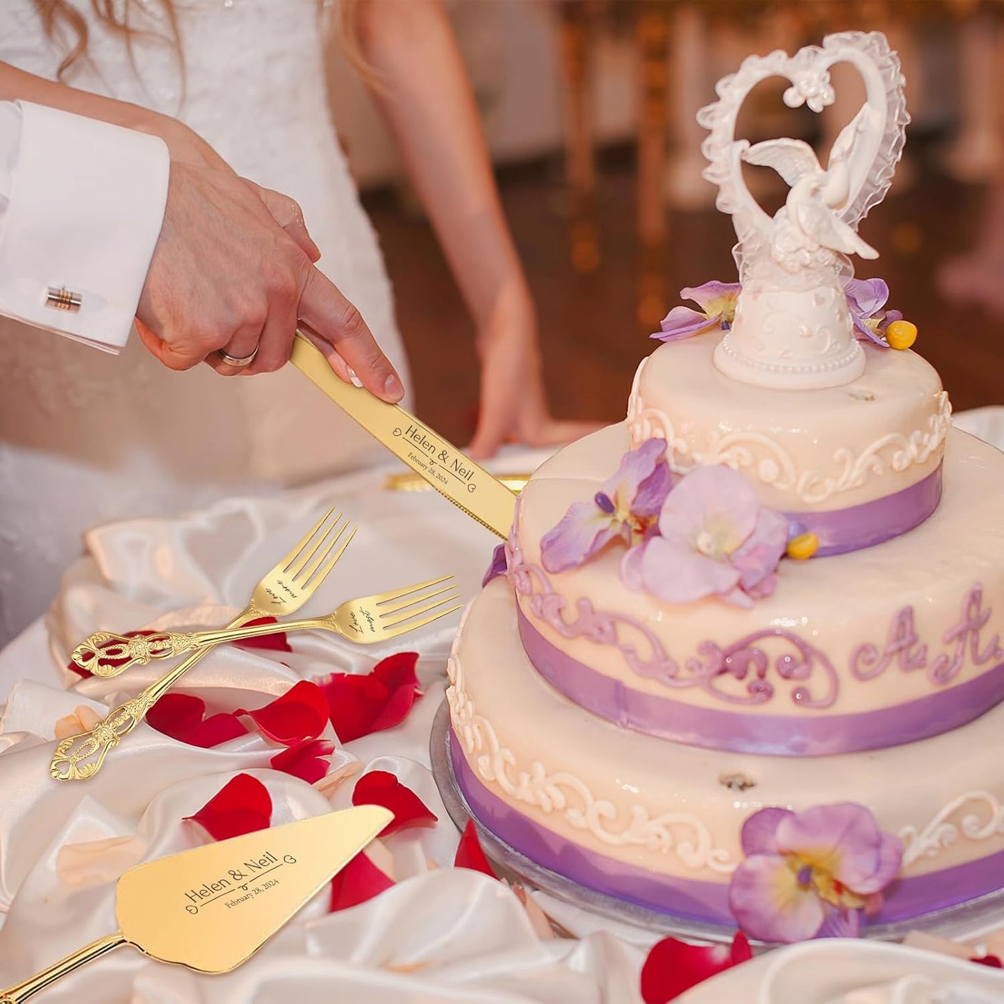 Personalized Wedding Cake Knife and Server Set Engraved Gold Cake Cutter Server Forks Custom Cake Cutting Set for Wedding Anniversary Engagement Birthday Gifts