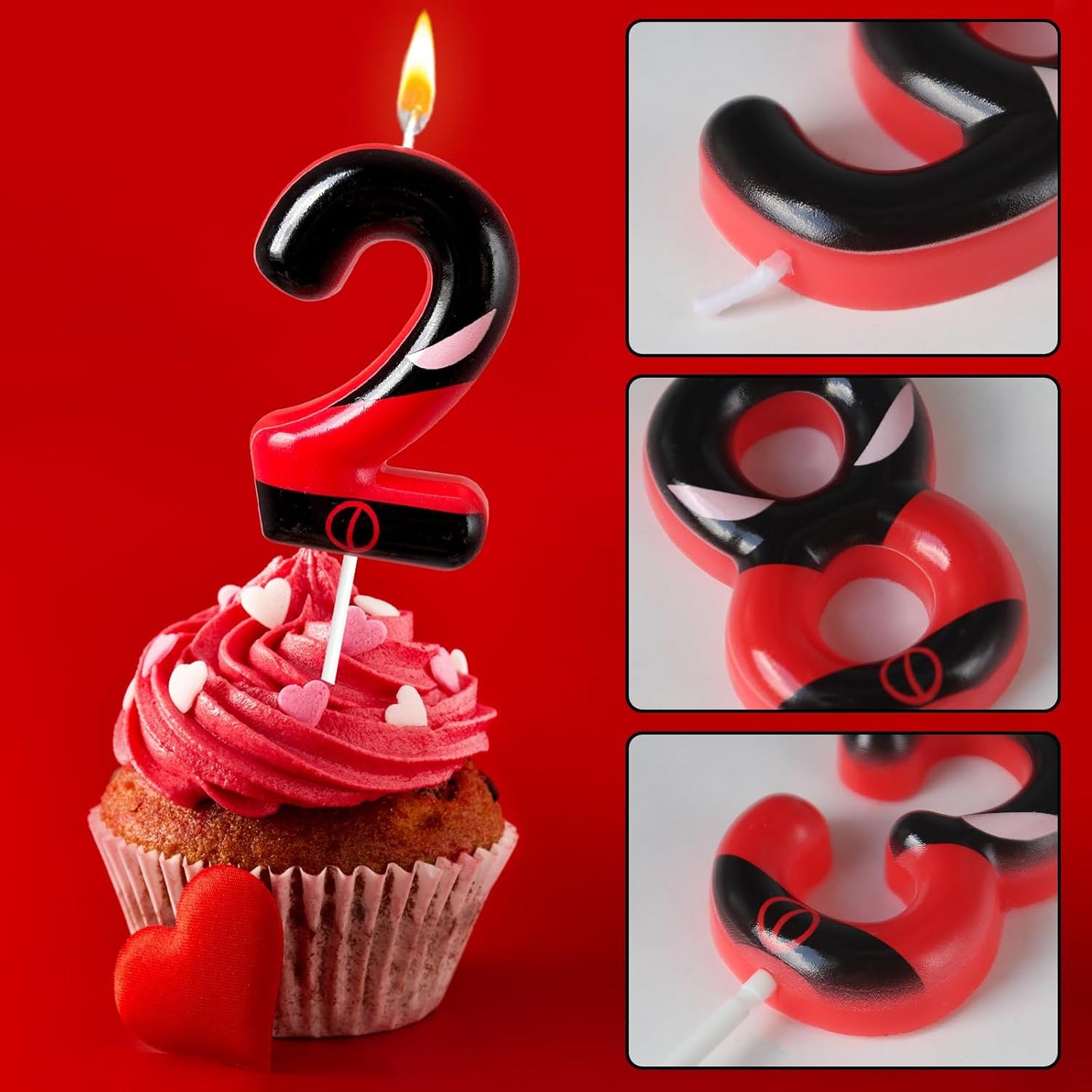Black Red Mask Number 2 Birthday Candles - Comic Themed Cake Topper for Birthday Decorations Supplies, 2 Candle Party Favors (Number 2)