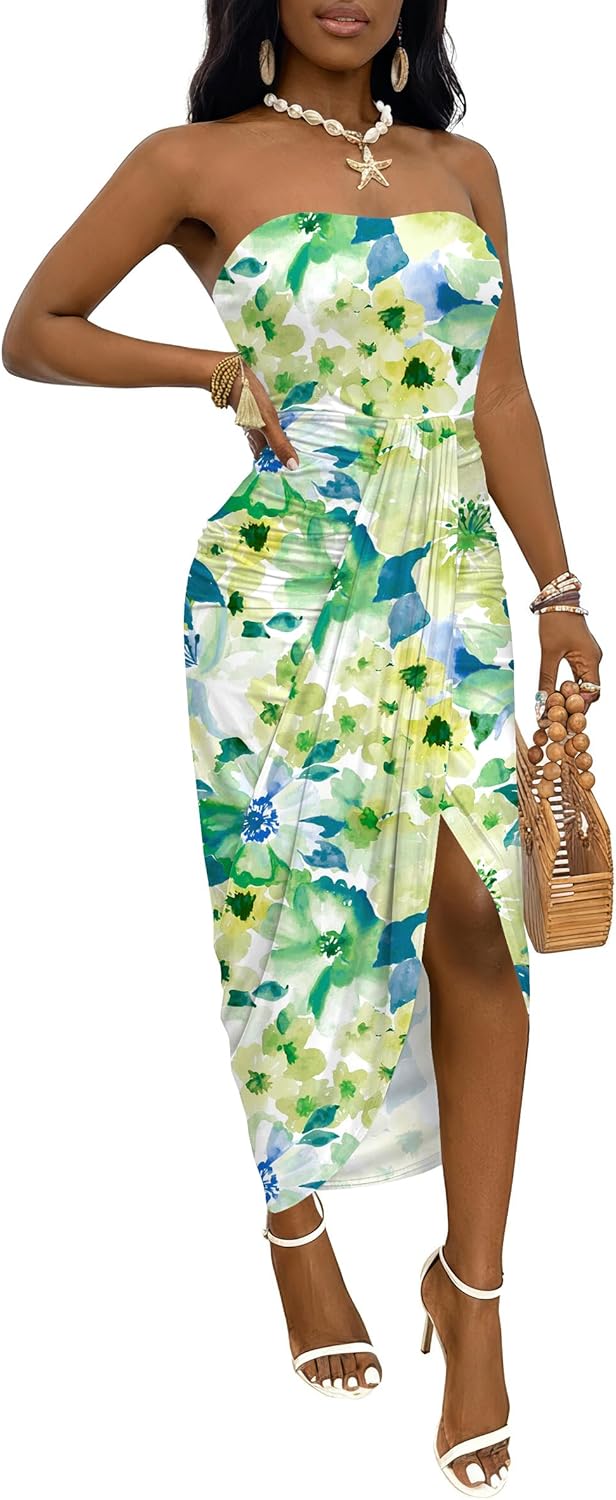 Umenlele Women's Strapless Ruched High Waist Wrap Split Asymmetrical Beach Maxi Long Dress